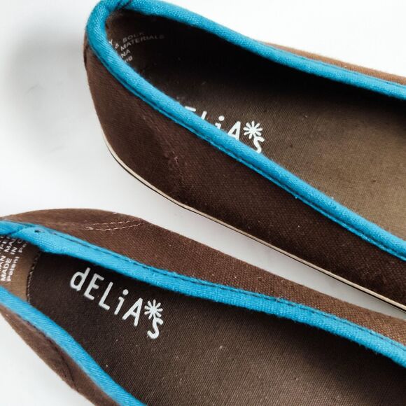 90's Y2K dELiA's Brown Blue Trim Bow Ballet Flats Corley Vegan Size 8 Coquette - Picture 9 of 11